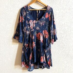 FREE PEOPLE Floral Eyes On You 3/4 Sleeve Dress‎ Size 4 Navy Blue